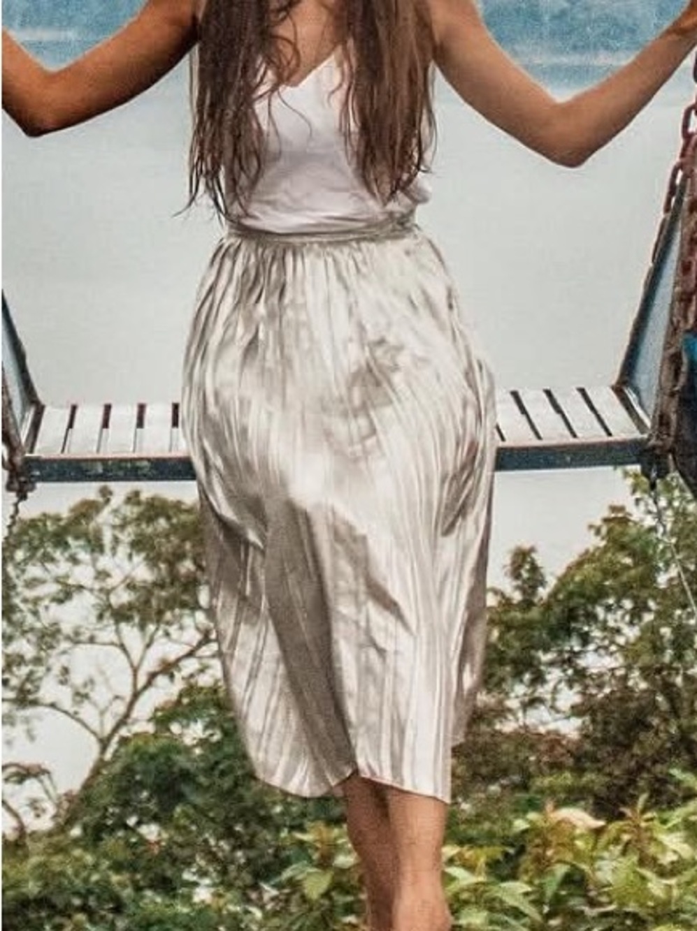 H&M Cream Satin Pleated Slip Skirt